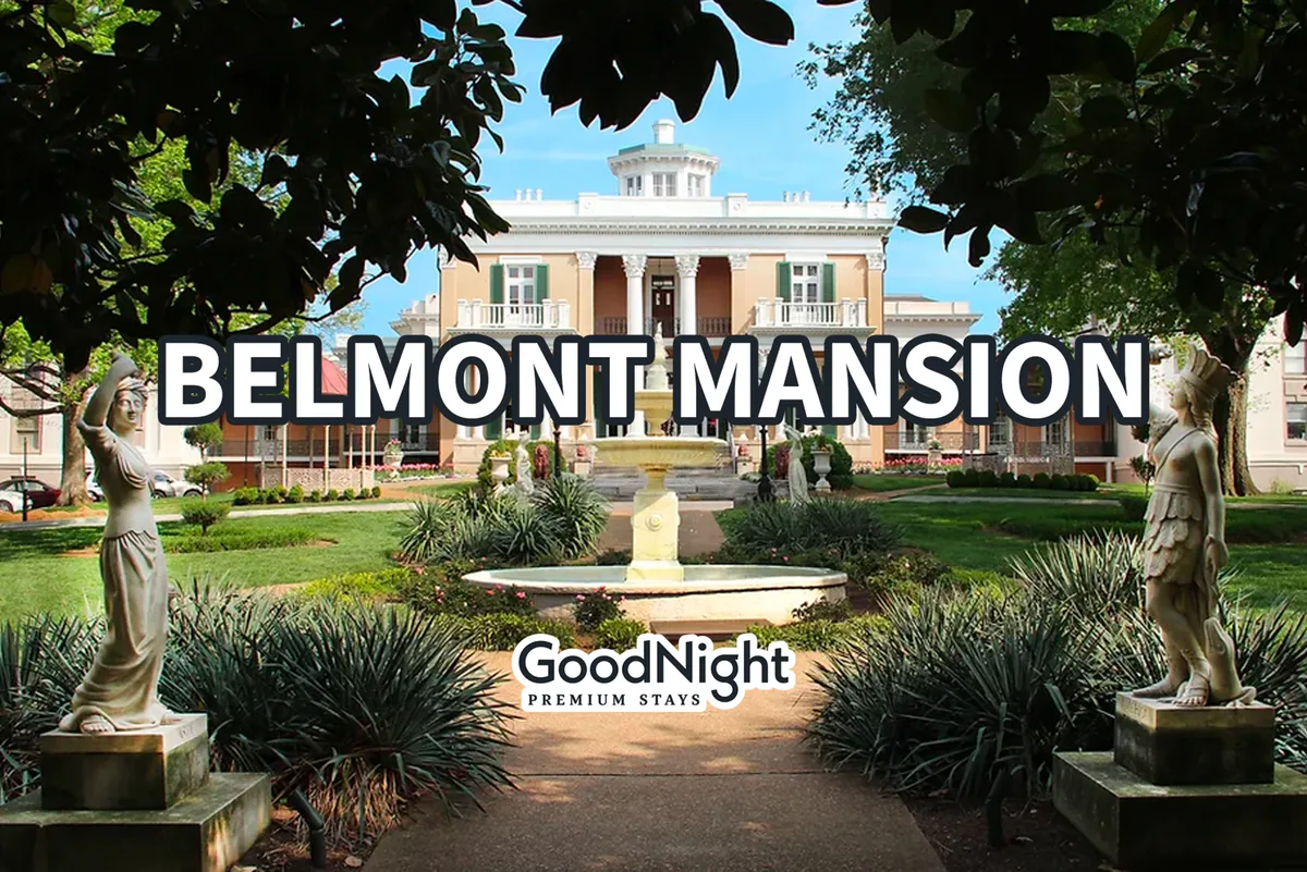 The image features the elegant exterior of Belmont Mansion, with its classic architecture, fountain, statues, and carefully maintained gardens, inviting visitors to explore historical and cultural sites.